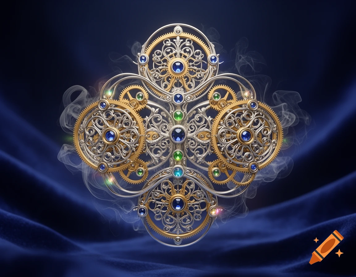Symmetrical ornate steampunk clockwork mechanism with gold gears, silver filigree, and colorful gems, on a dark blue background.