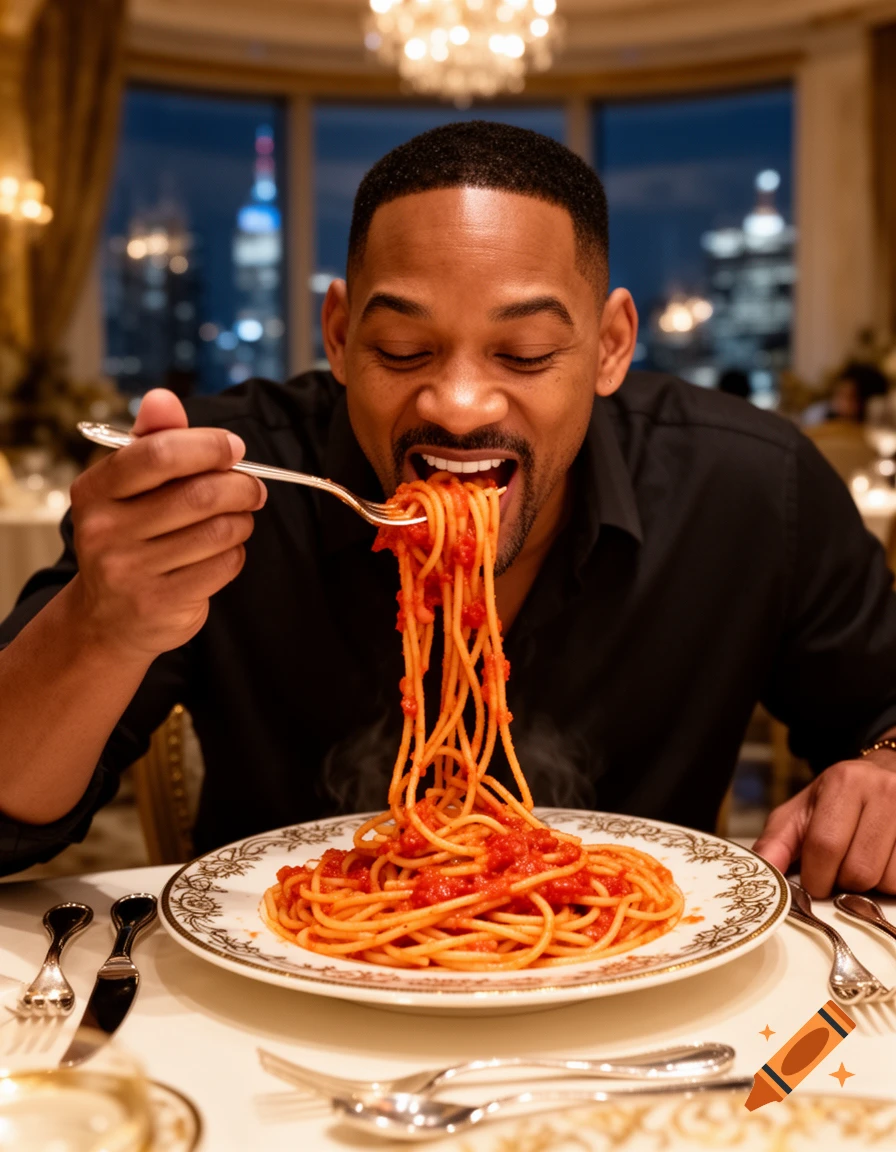 Will Smith enthusiastically eats a large plate of spaghetti with red sauce at a fancy restaurant with a city view at night.