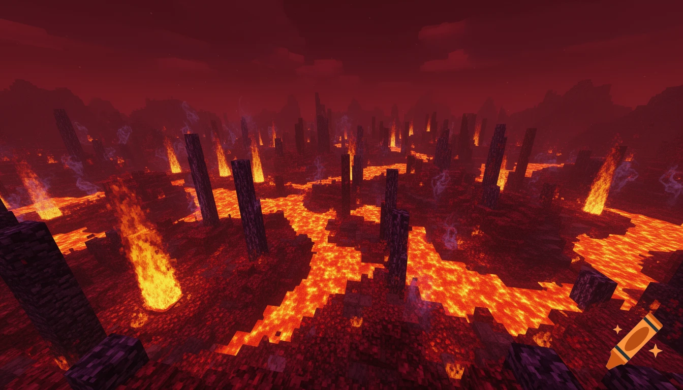 A pixelated Minecraft Nether landscape with flowing lava rivers, tall dark pillars, and fires under a red sky.