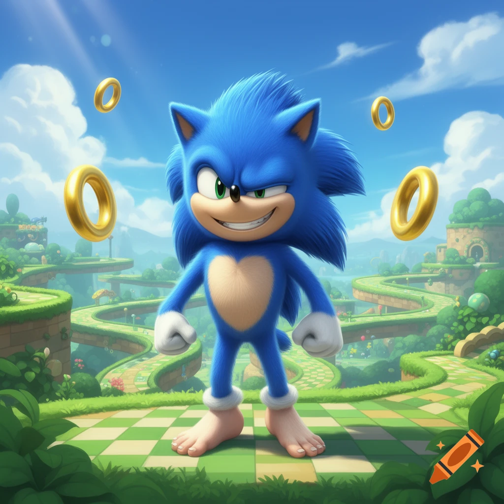 Sonic the Hedgehog with bare feet stands on a checkered path in a vibrant green landscape with golden rings floating around him under a blue sky.