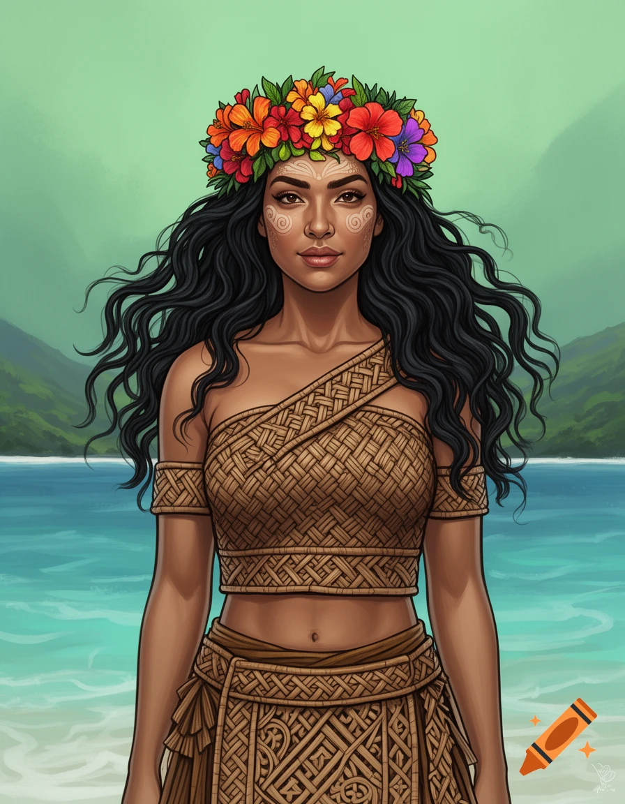 Animated portrait of a woman with dark wavy hair, a vibrant flower headband, and woven top and skirt, standing on a beach with lush green mountains in the background.