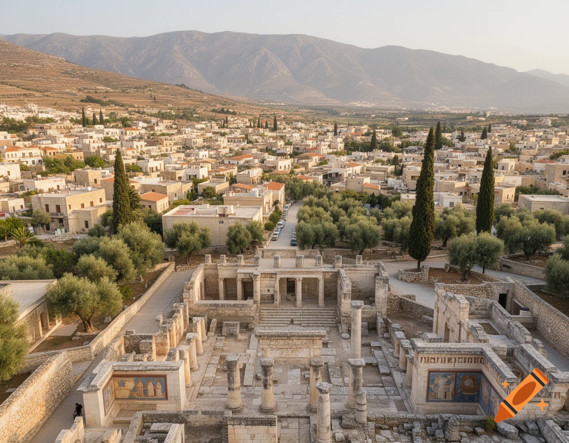 Aerial view of ancient ruins with stone columns and mosaics, a village of white buildings, olive trees, and mountains under a clear sky.