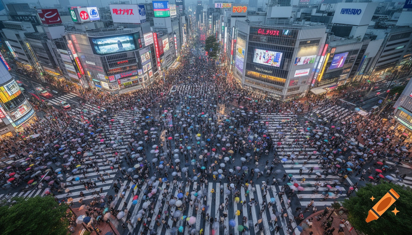 Aerial view of a massive crowd of people with umbrellas crossing Shibuya Crossing in Tokyo, surrounded by neon-lit buildings at dusk.