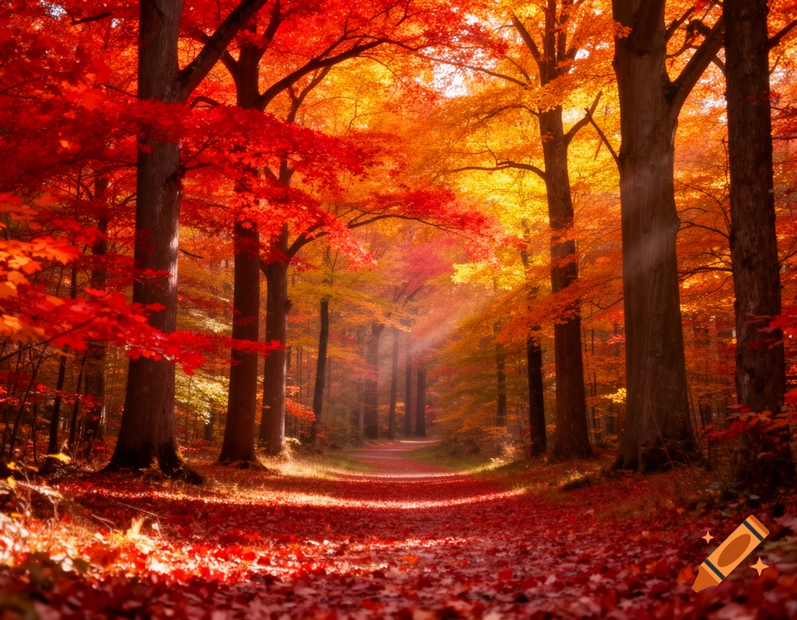 A sunlit path winds through an autumn forest with vibrant red and orange leaves, photorealistic style.