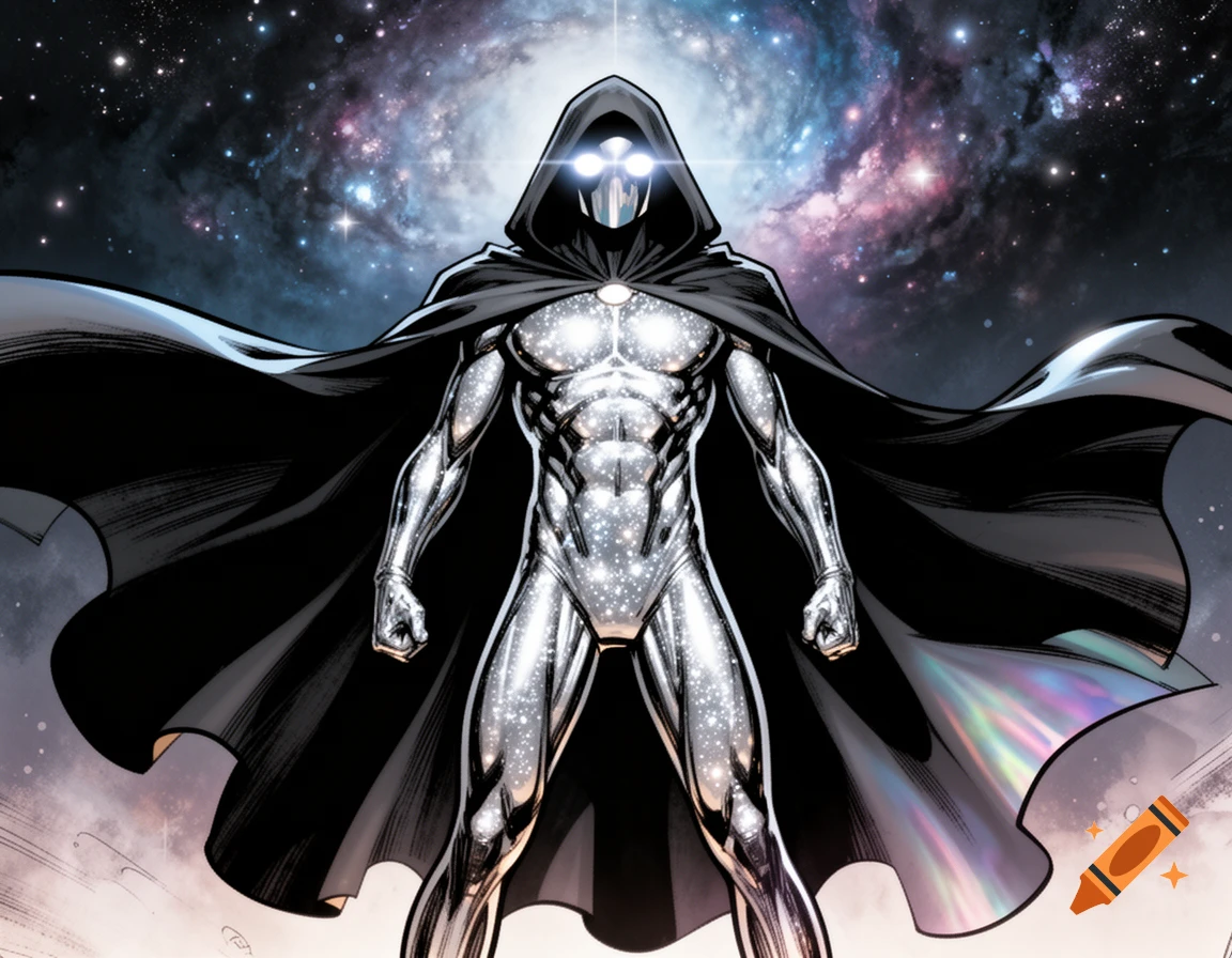 A silver, reflective, hooded cosmic superhero with glowing eyes and a black cloak stands against a vibrant galaxy background.