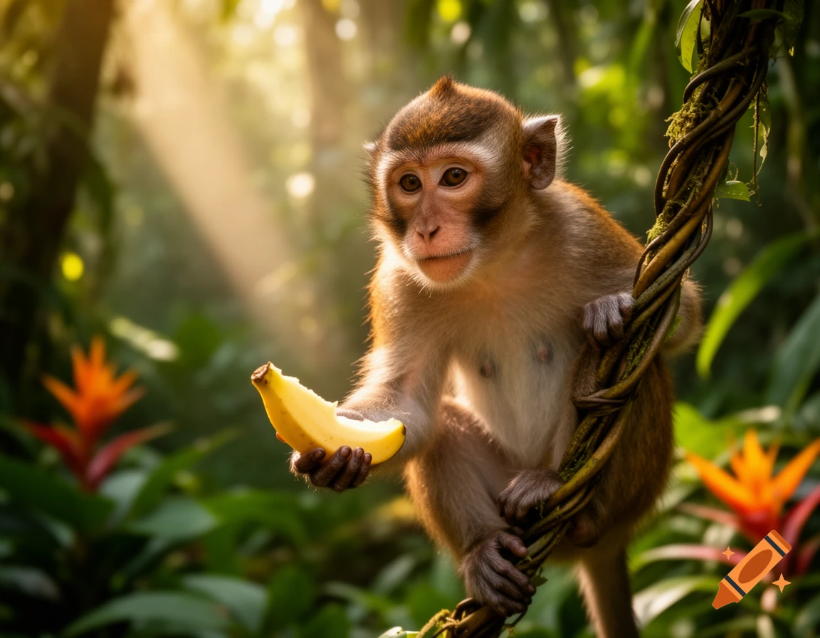 A photorealistic monkey with a banana sits on a vine in a sunlit jungle.