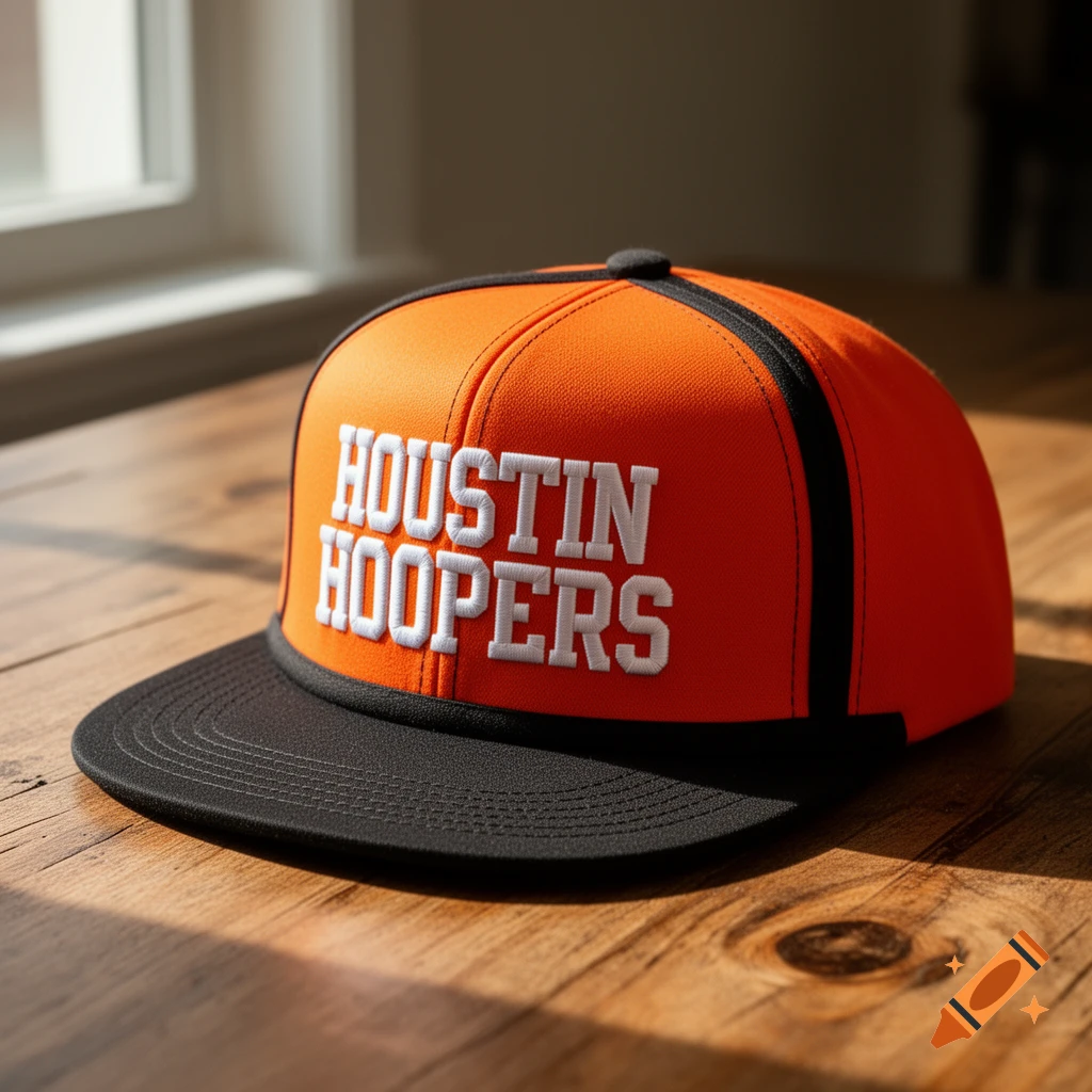 An orange and black baseball cap with "HOUSTIN HOOPERS" embroidered on the front, sitting on a wooden table with sunlight.