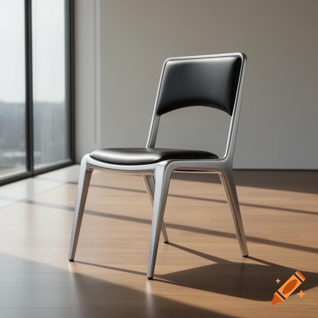A sleek, modern chair with silver frame and black leather seat on a wooden floor, bathed in sunlight from a large window.