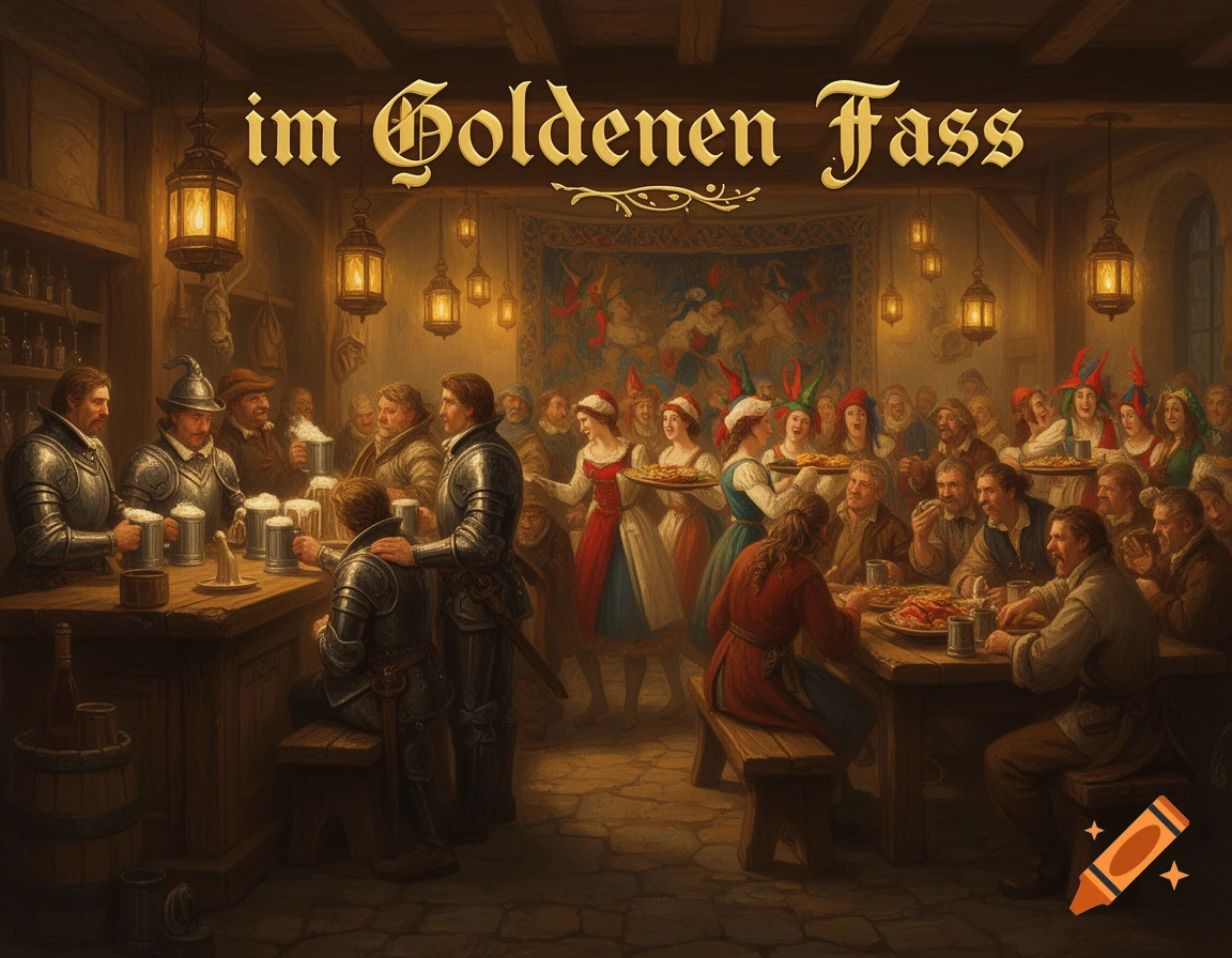 Lively medieval tavern scene with patrons in period attire, including knights, drinking and feasting under the sign "im Goldenen Fass".