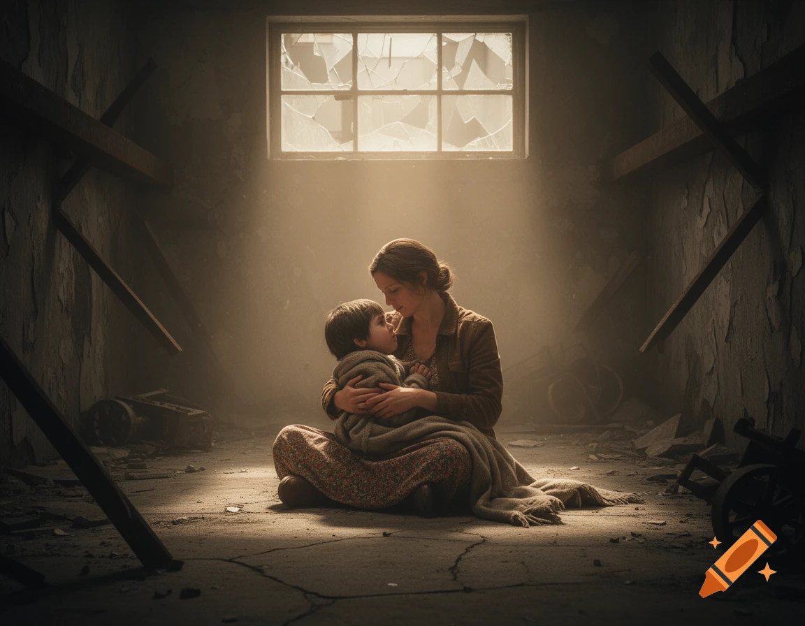 A mother and son embrace in a ray of light in a dark, ruined room with a broken window, photorealistic.