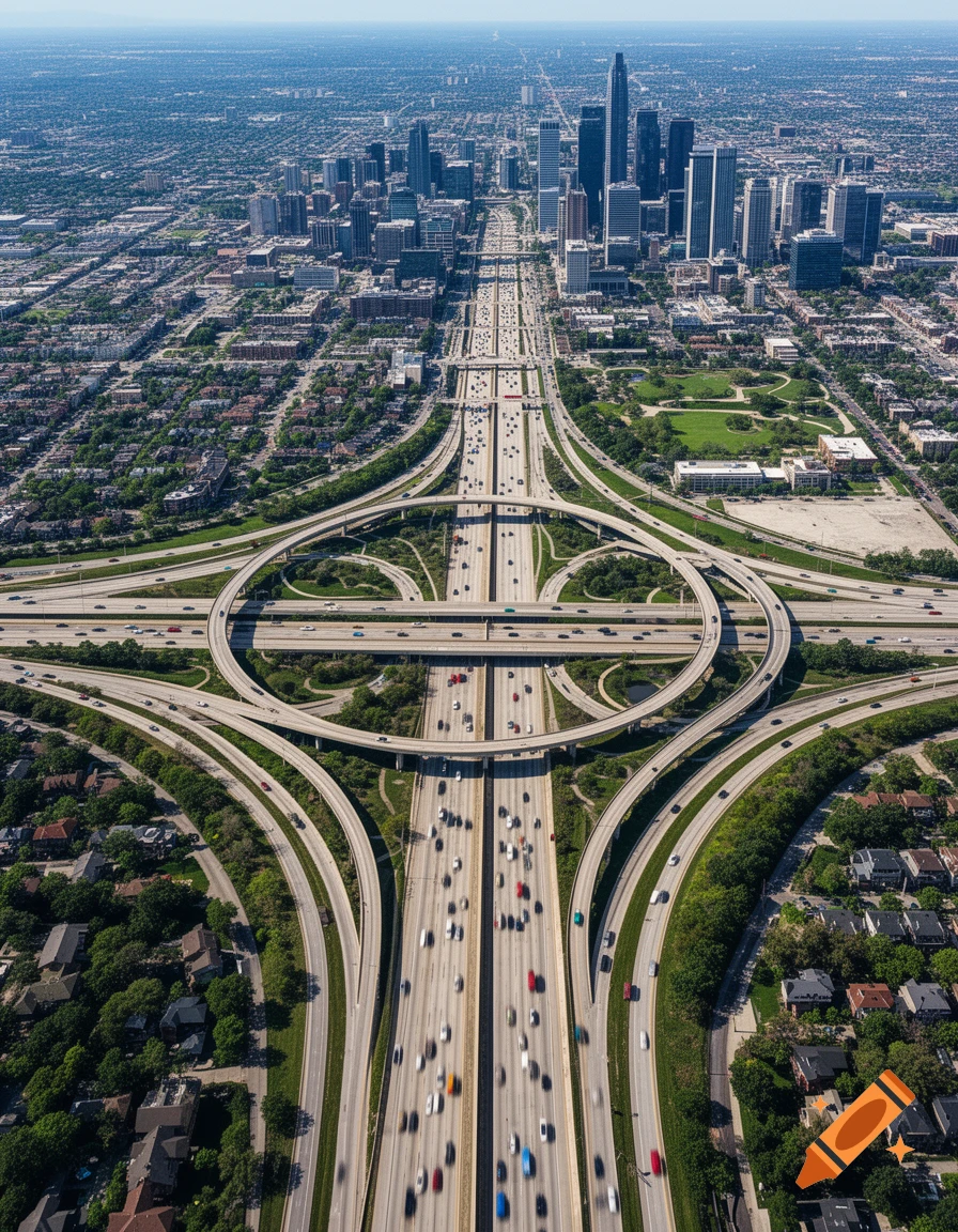 Aerial view of a complex highway interchange with blurred cars, leading to a sprawling city skyline under a clear sky.