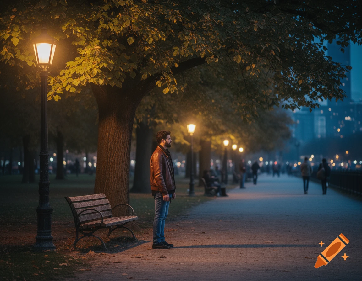 A man in a brown jacket stands by a park bench and lit streetlamp at night, with blurred people and city lights in the background.