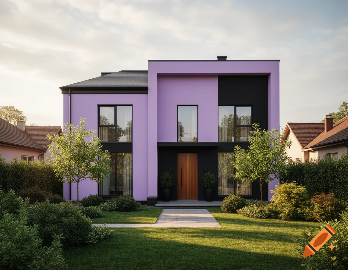 Modern purple and black house with a wooden front door, surrounded by a green lawn, trees, and bushes under a soft sky.