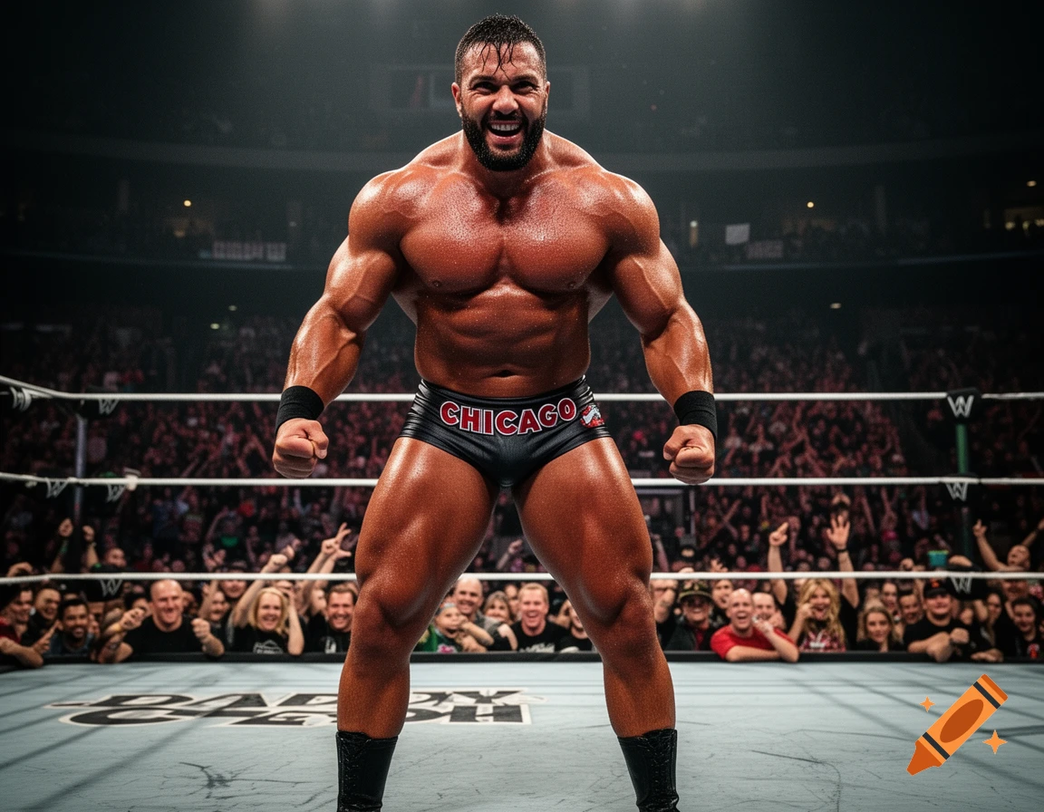 Muscular male wrestler flexing in a ring with a roaring crowd, wearing black briefs with 'CHICAGO' on them.