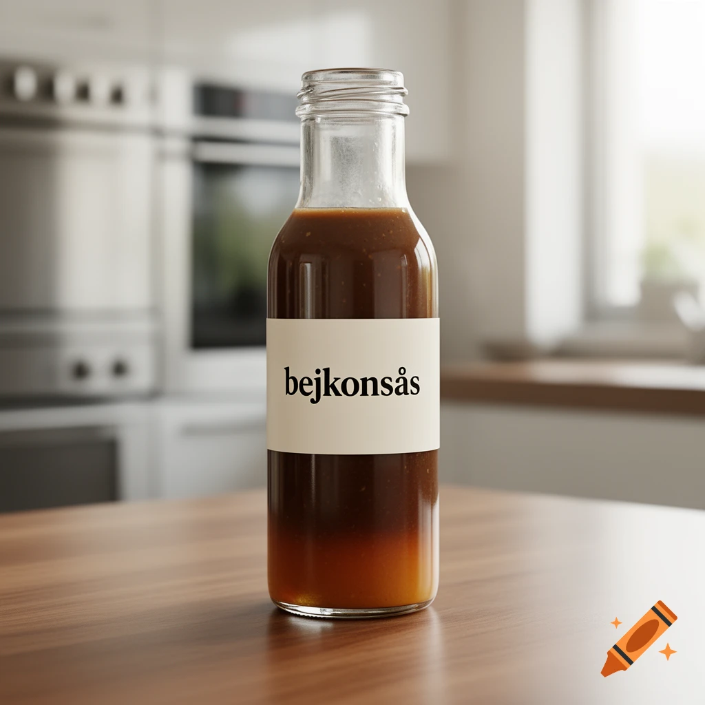 A glass bottle of bejkonsås sauce with a cream-colored label on a wooden table in a modern kitchen.
