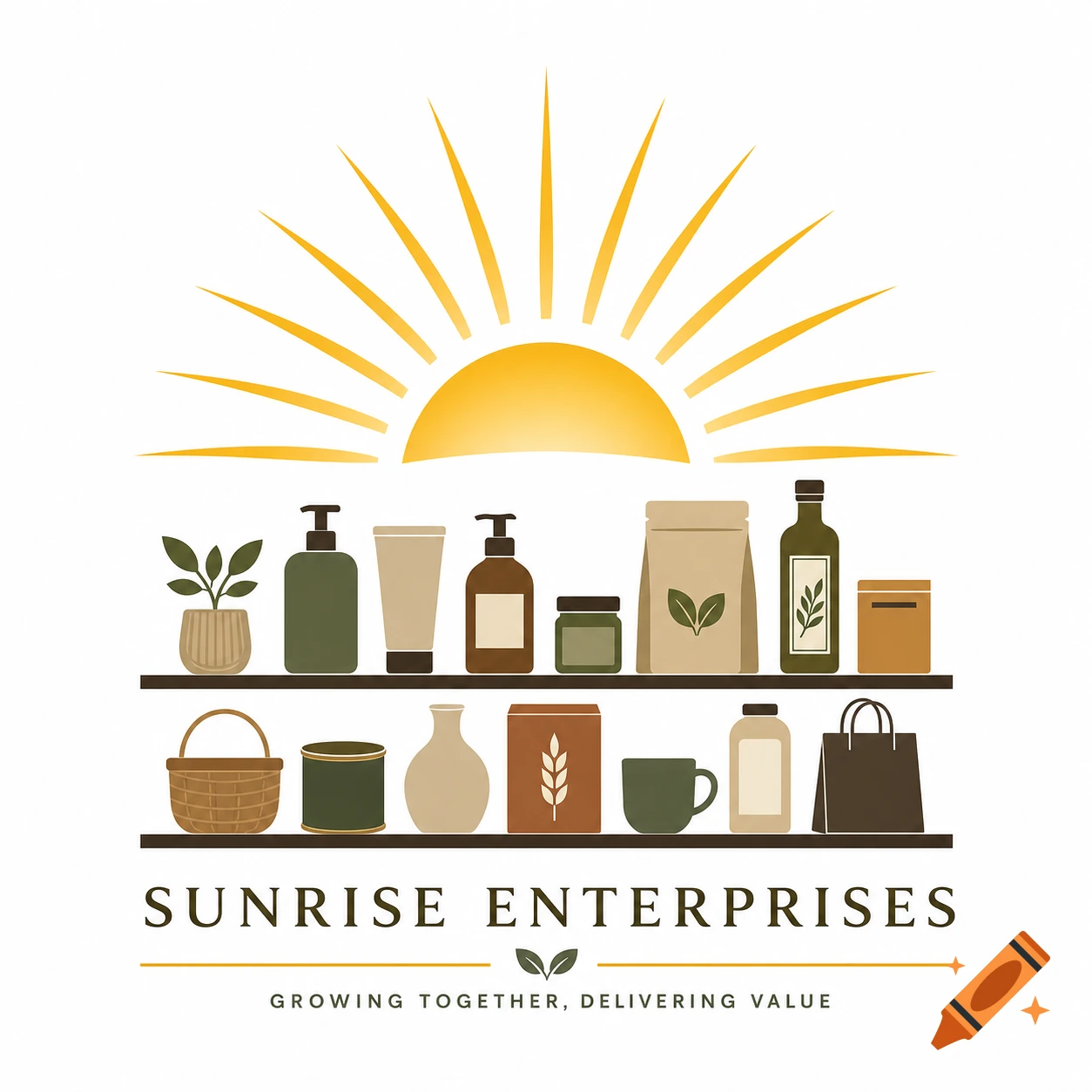 A company logo with a rising golden sun over two shelves holding various illustrated products. Text: Sunrise Enterprises.