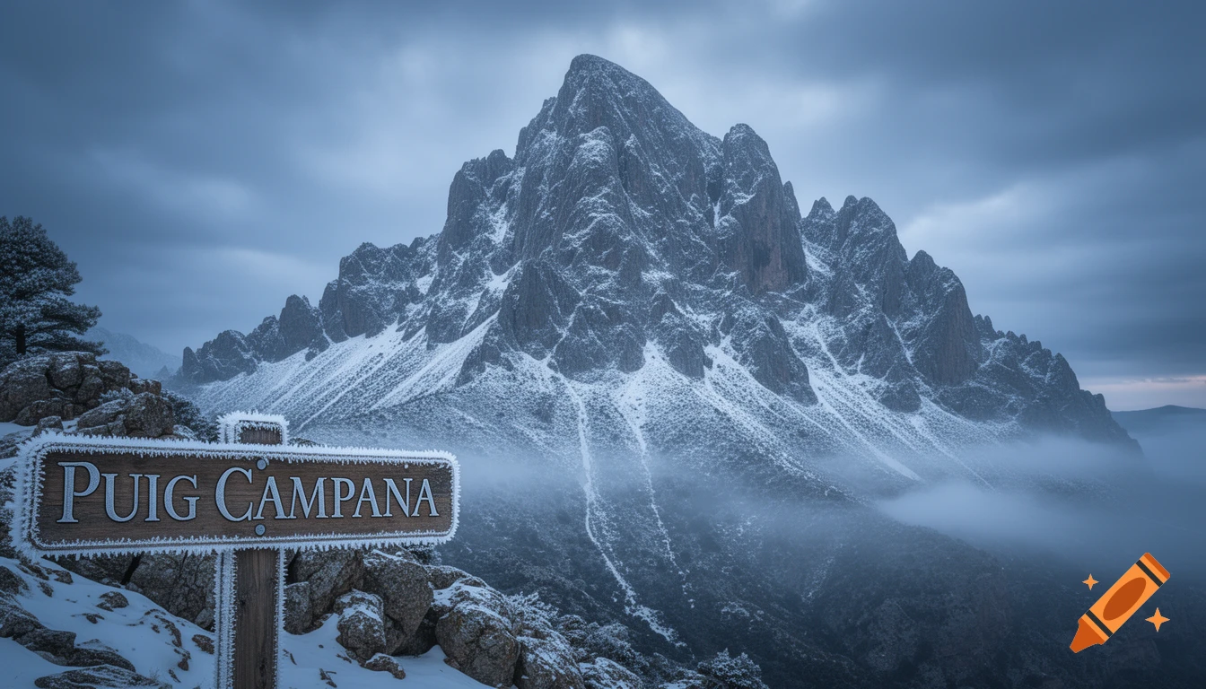 Photorealistic view of a snowy mountain range with a wooden sign reading 'PUIG CAMPANA' frosted with ice in the foreground.