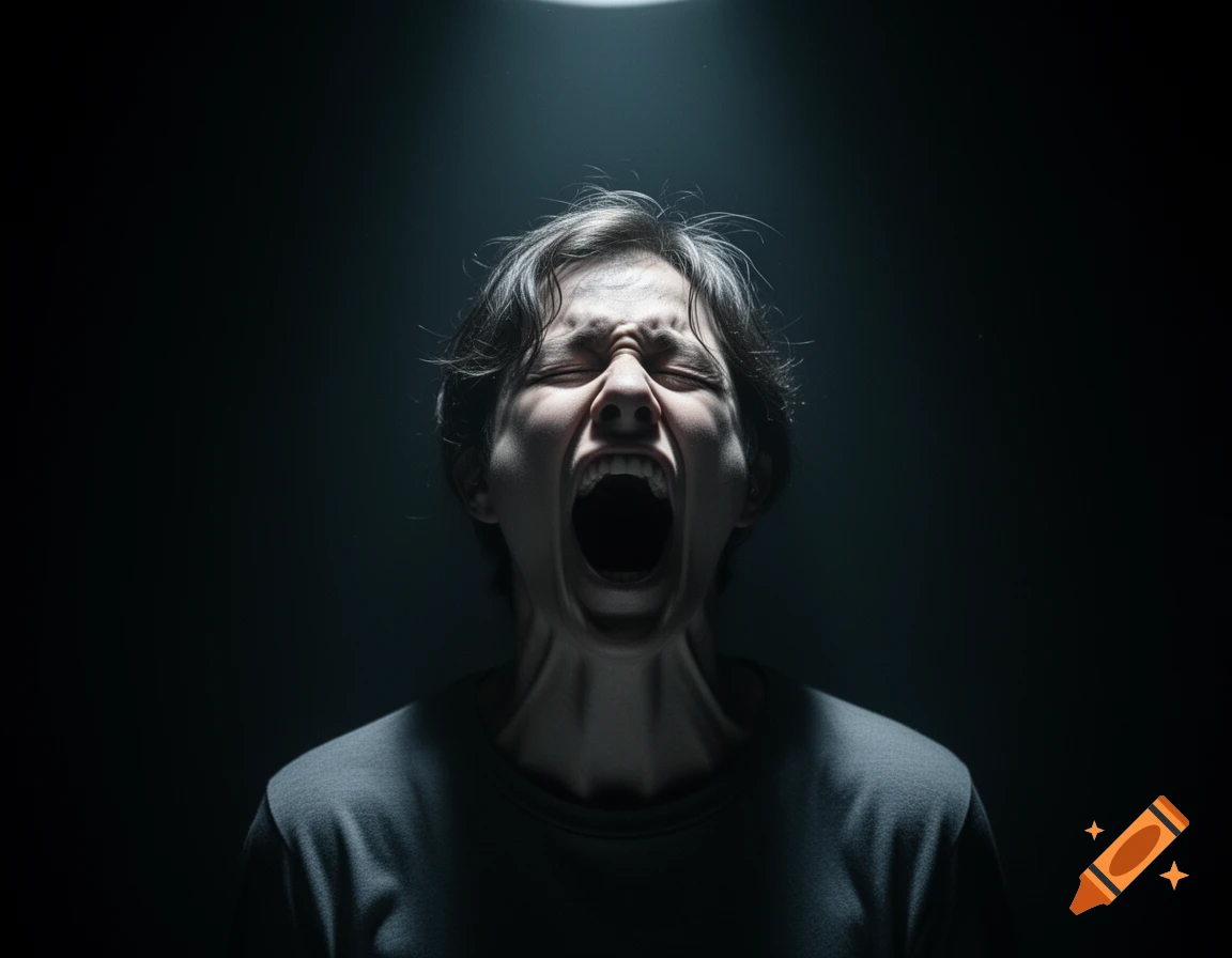 A person with closed eyes screaming upwards, dramatically lit from above in a dark, intense photorealistic shot.
