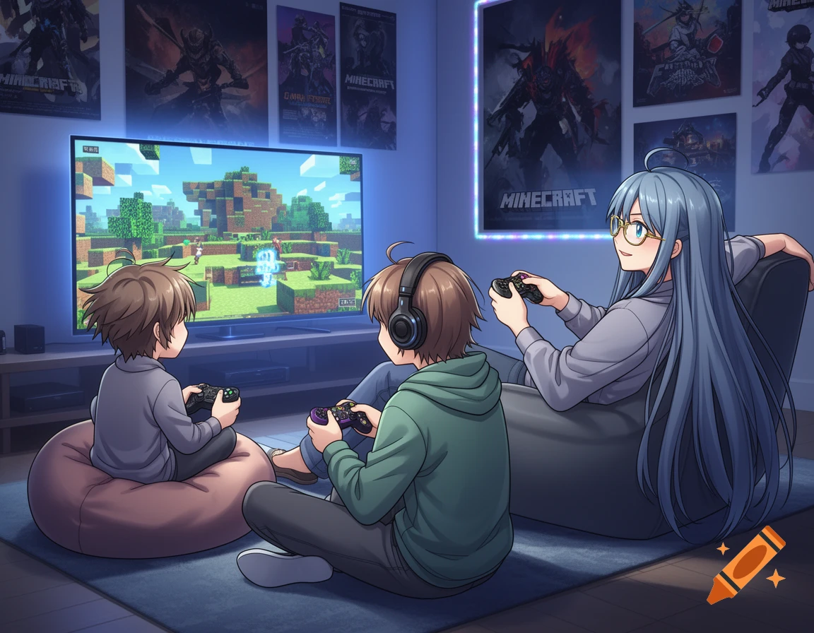 Three anime young people playing Minecraft on a large screen in a cozy room, with game posters on the wall.