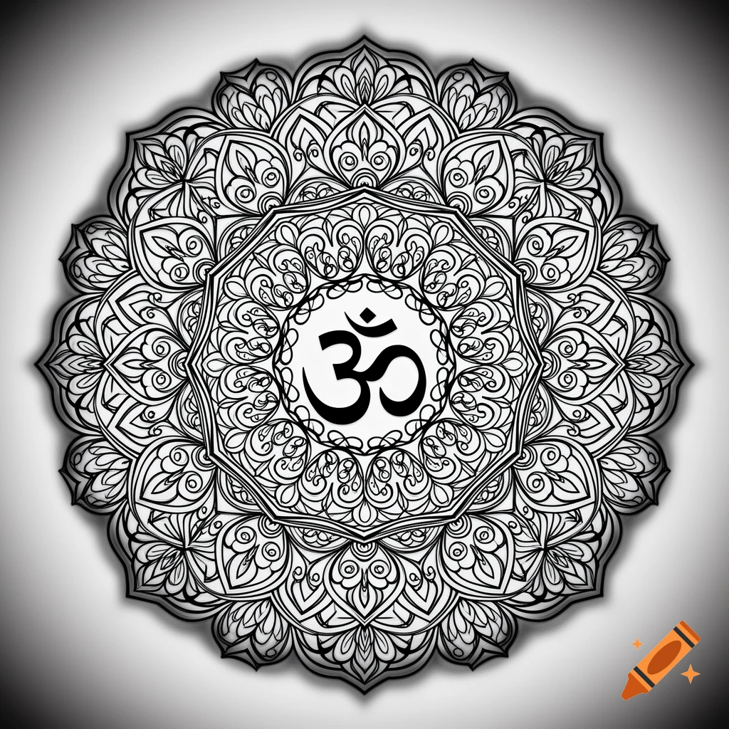 A black and white mandala with intricate patterns and a prominent Om symbol in the center.