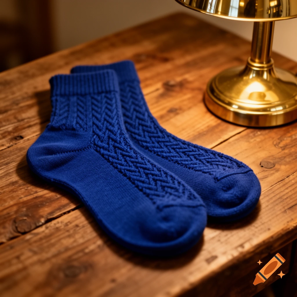 Two blue knitted socks with a textured pattern rest on a rustic wooden table next to a brass lamp in a close-up shot.