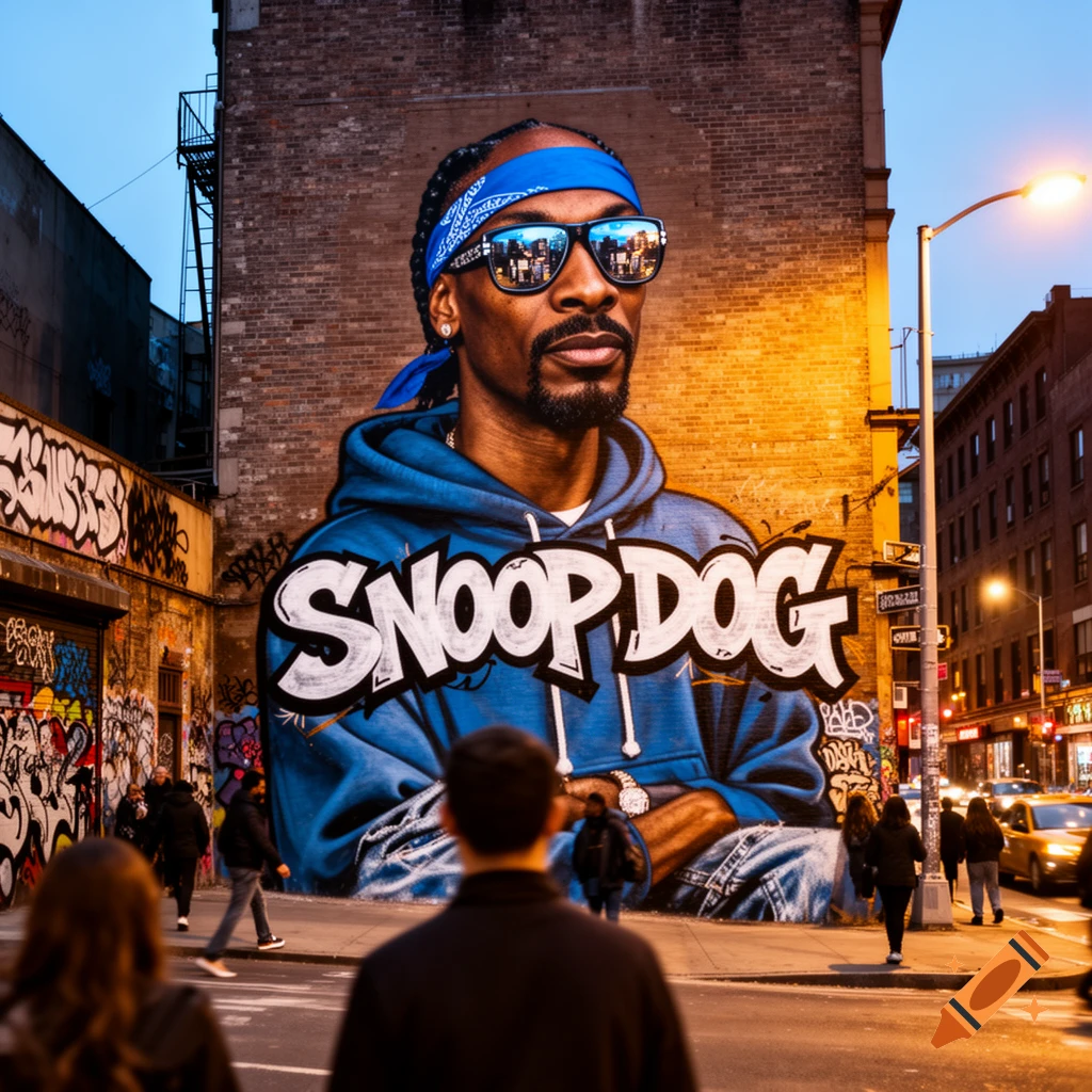 Large street art mural of Snoop Dogg in a blue hoodie and bandana on a brick building in a city at dusk, with pedestrians.