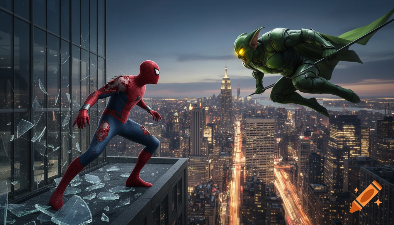 Spider-Man with a damaged suit on a skyscraper ledge, facing Green Goblin flying over a New York City skyline at dusk.