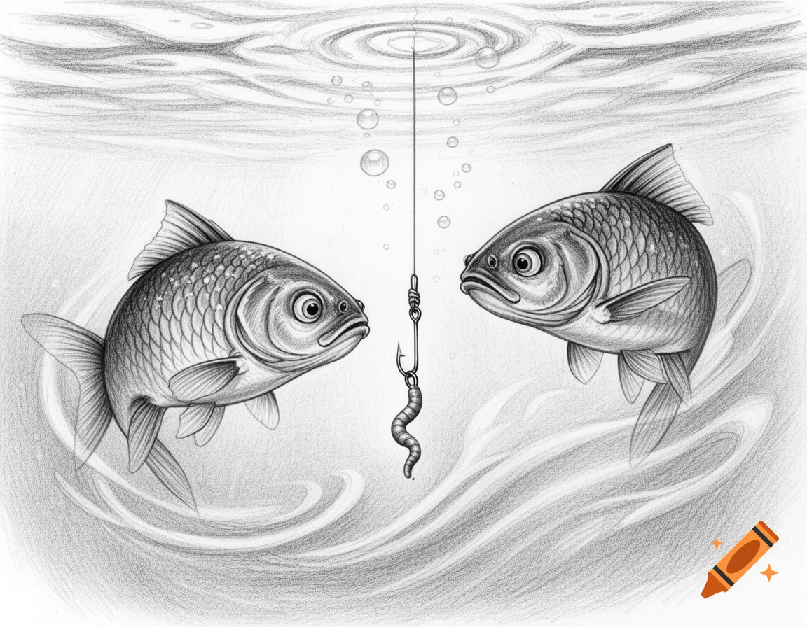 Two fish, rendered in black and white pencil strokes, look at a worm on a fishing hook underwater.