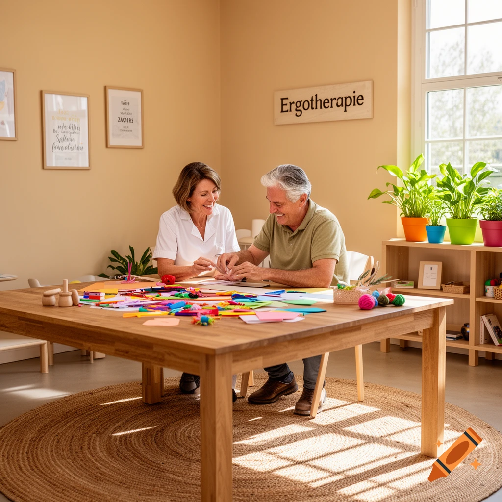 A female therapist and an older man happily engaged in a craft activity at a table filled with supplies, in a bright room with a sign that says "Ergotherapie".