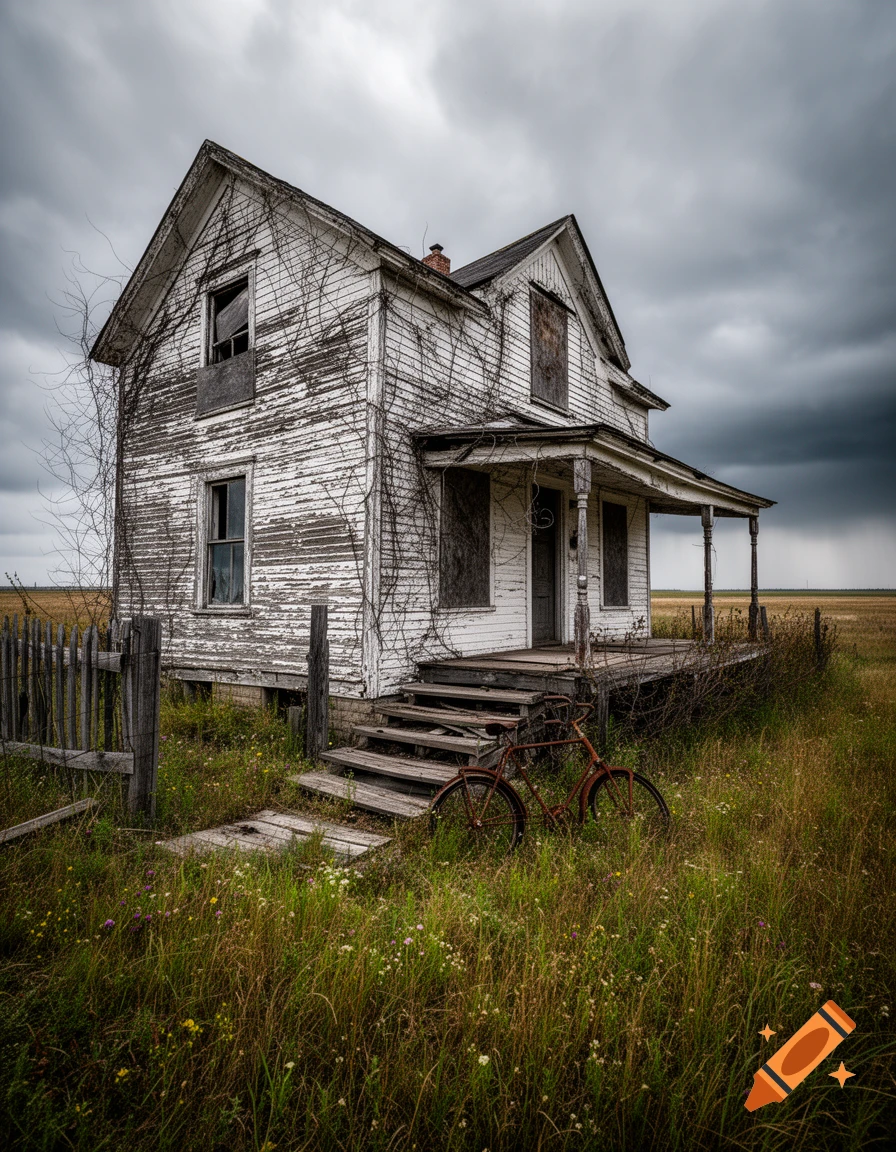 An old, decaying white farmhouse with broken windows and climbing vines stands in an overgrown field under a stormy sky. A rusty bicycle leans against the porch steps.