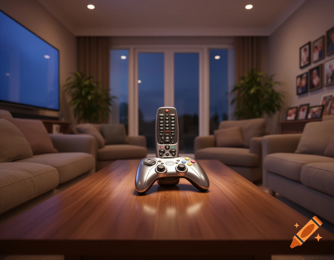 A silver game controller and a TV remote are centered on a wooden coffee table in a modern living room with a large TV and sofas.