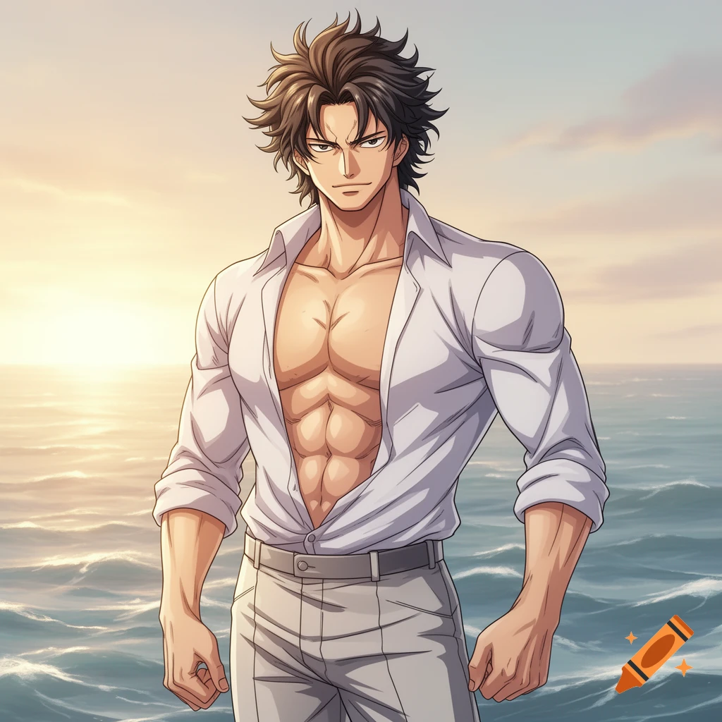 Anime man with spiky dark hair and open white shirt revealing abs, standing by the ocean at sunset.