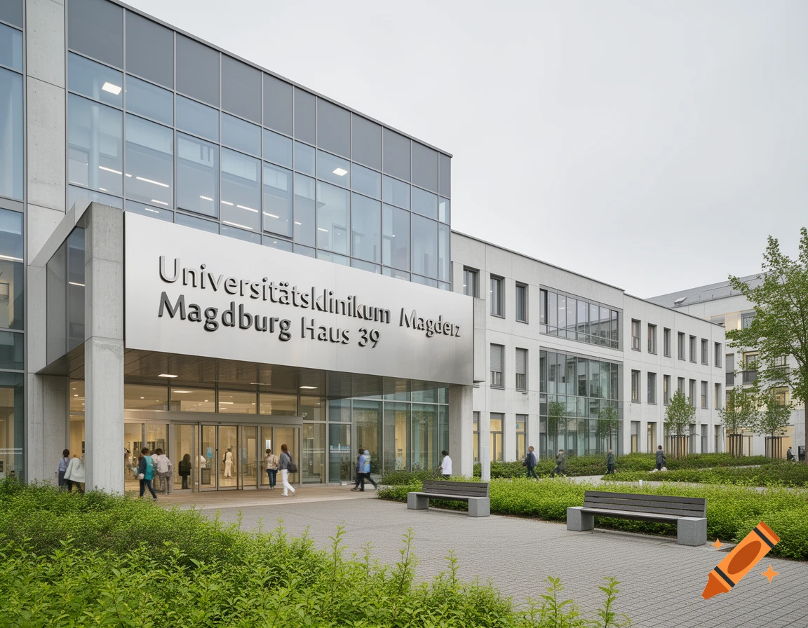 A modern university clinic building with a large sign reading 'Universit tsklinikum Magdeburg Haus 39', people entering, and landscaped grounds.