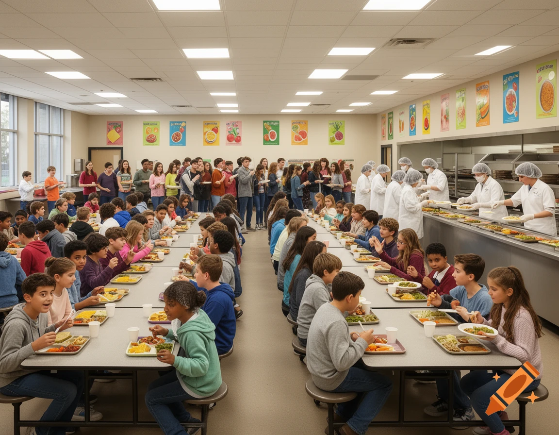 Students and staff in a brightly lit school cafeteria, with children seated at long tables eating lunch and cafeteria workers serving food.