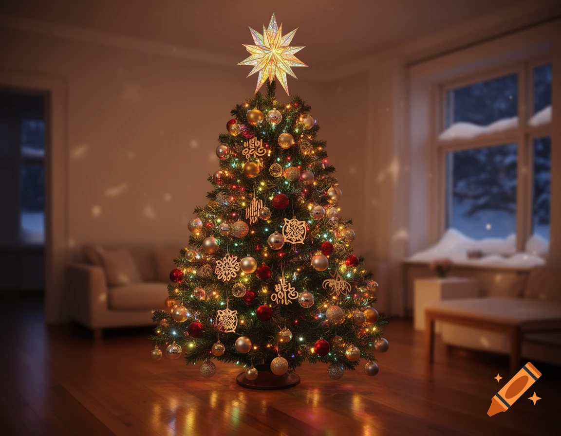 A brightly lit Christmas tree, adorned with colorful ornaments and a star topper, stands in a cozy room. A snowy window view is in the background.