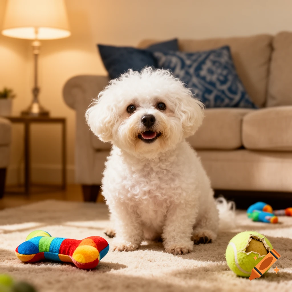 A cute, fluffy white dog sits on a light rug in a cozy living room, surrounded by its toys, smiling at the camera.