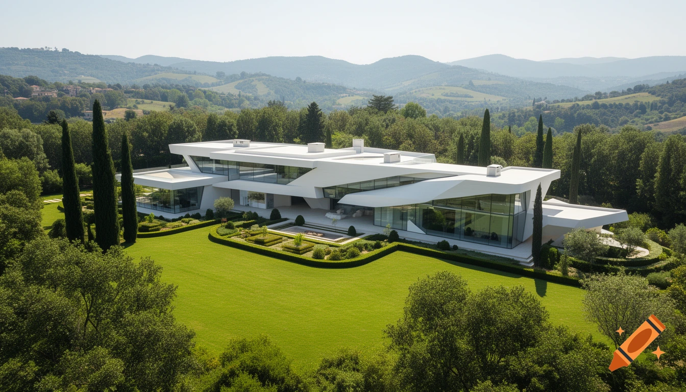 A sleek white futuristic mansion with large windows, set amidst lush green lawns, manicured gardens, and tall trees, with rolling hills in the background.