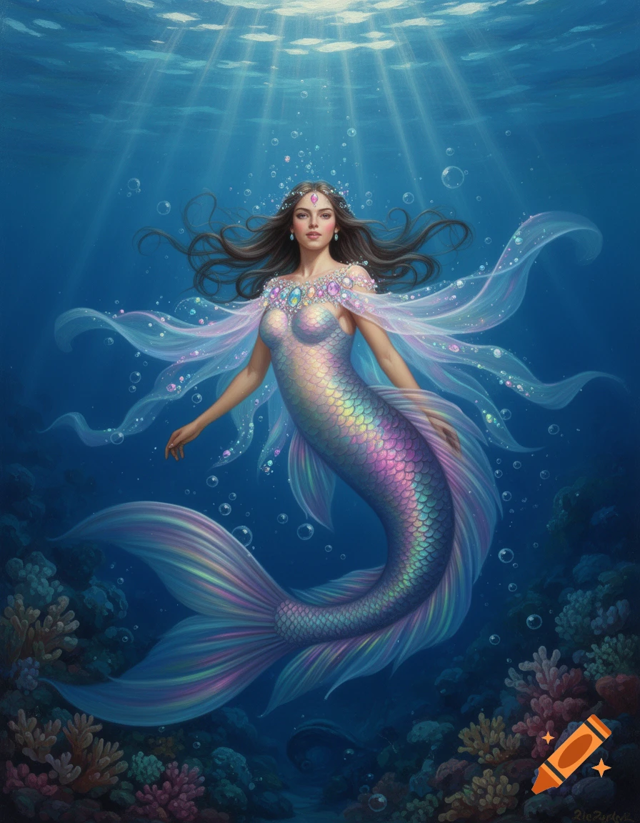 A fantasy painting of a mermaid with dark hair, jeweled top, and iridescent tail swimming in a deep blue ocean with coral and sunbeams.