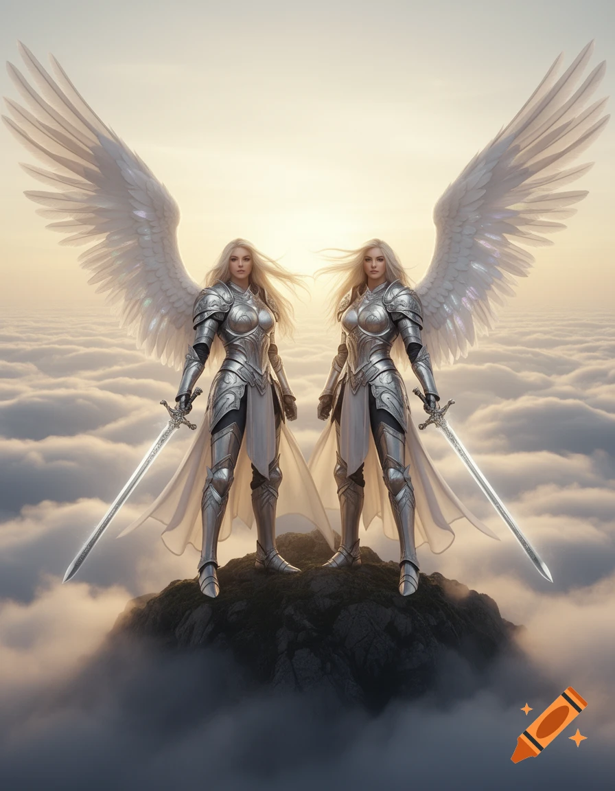Two blonde warrior angels in silver armor with white wings stand holding swords on a mountain above clouds at sunset.