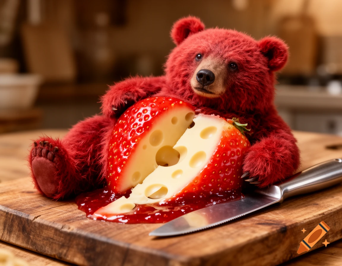 A surreal red strawberry bear-creature with cheese holes lies on a wooden cutting board next to a knife.