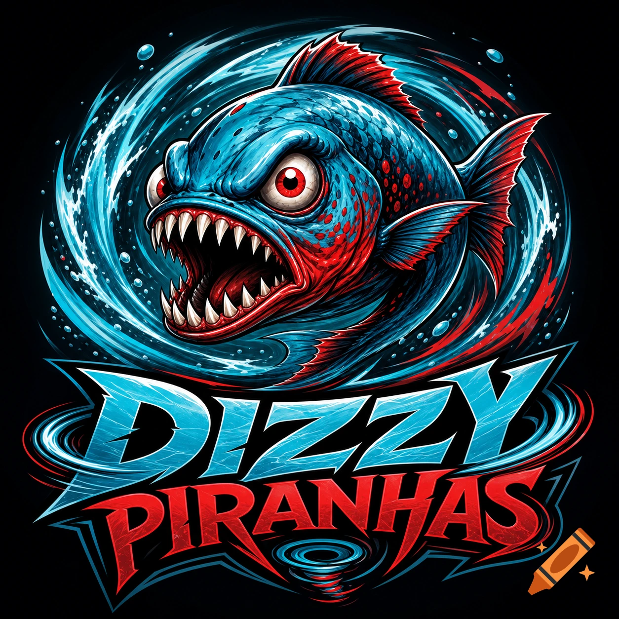 Stylized illustration of a fierce blue and red piranha with sharp teeth and red eyes, surrounded by water, above text 'DIZZY PIRANHAS'.