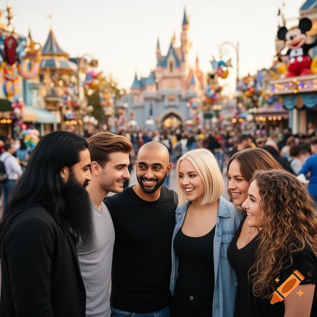 Six diverse friends smiling and laughing together at a bustling Disneyland theme park with the castle in the background.