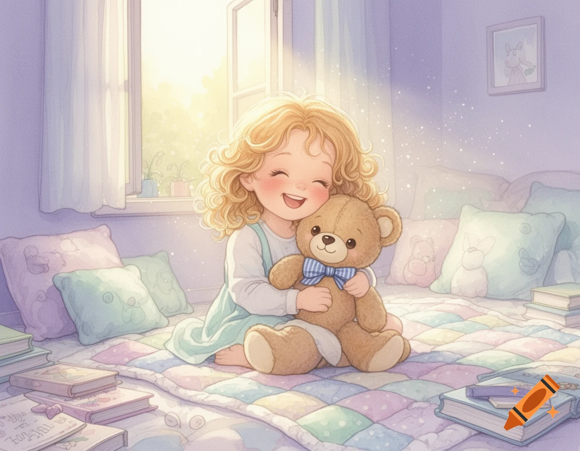 A happy curly-haired child in a pastel room hugs a teddy bear, surrounded by books and soft light. Dreamy illustration style.