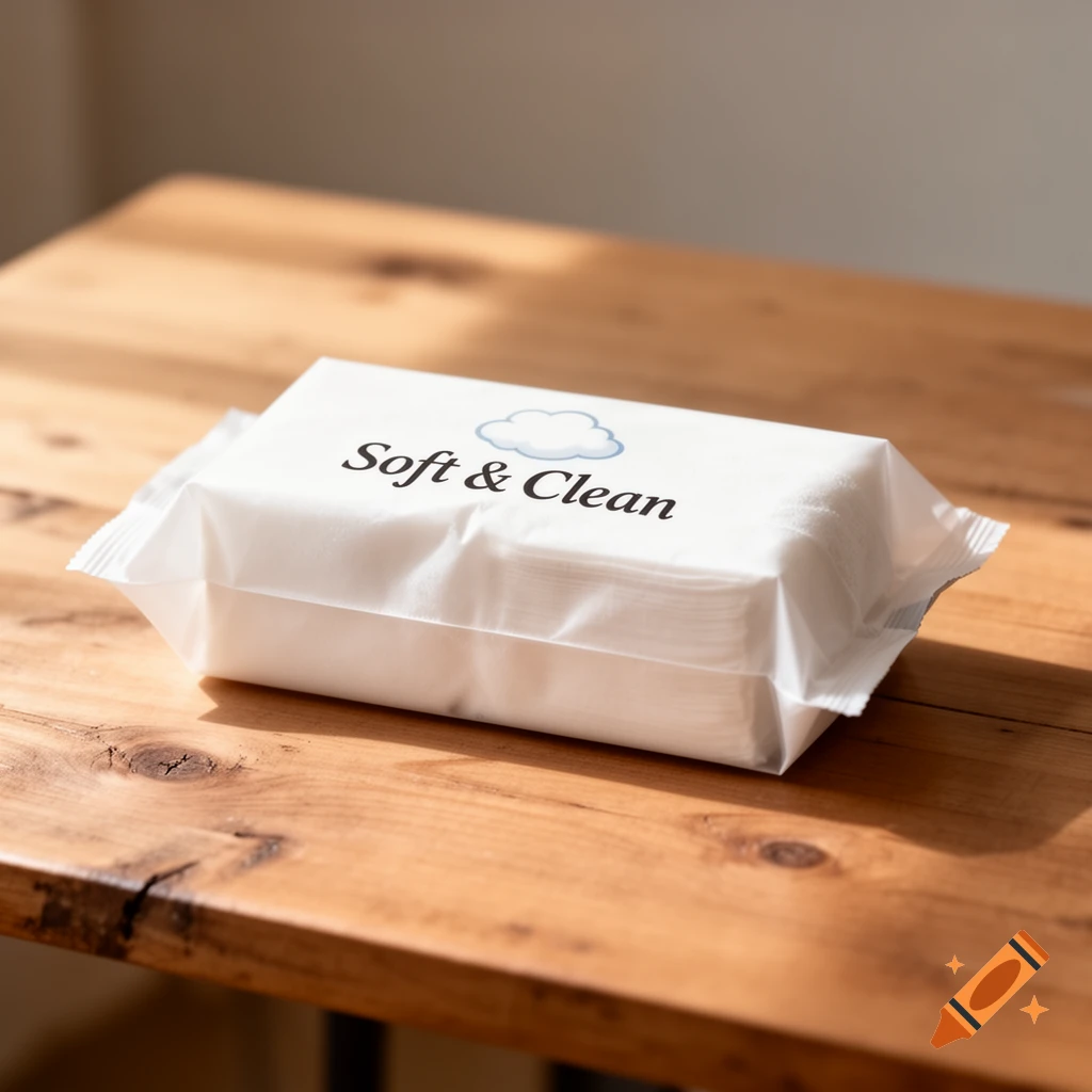 A packet of "Soft & Clean" tissues with a cloud logo sits on a rustic wooden table.