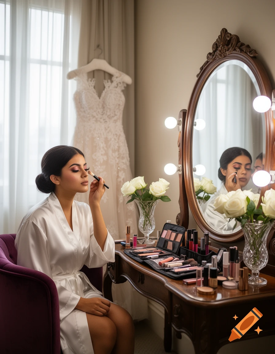 A woman in a white satin robe applies makeup at a vanity, with a wedding dress hanging in the background, in a well-lit room.