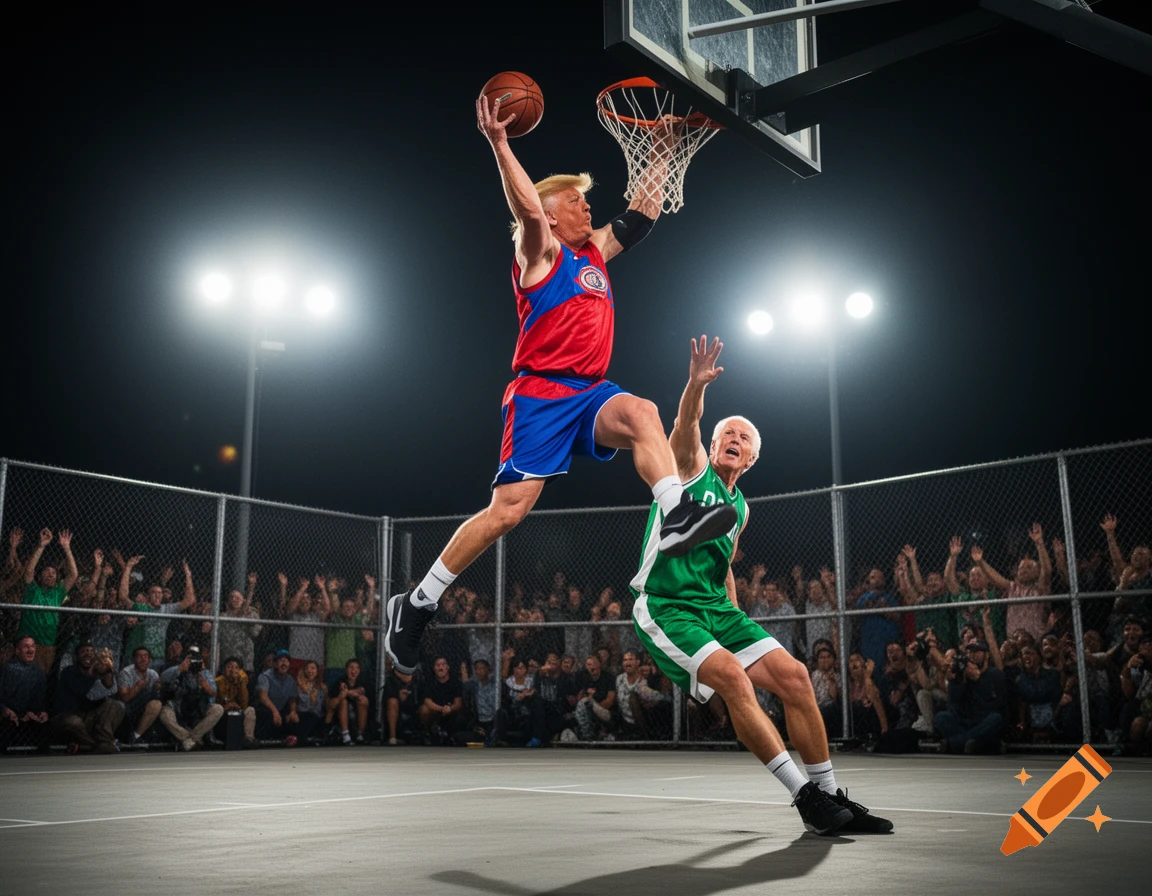 Donald Trump in a red and blue jersey dunks a basketball over Joe Biden in a green jersey on an outdoor court at night.
