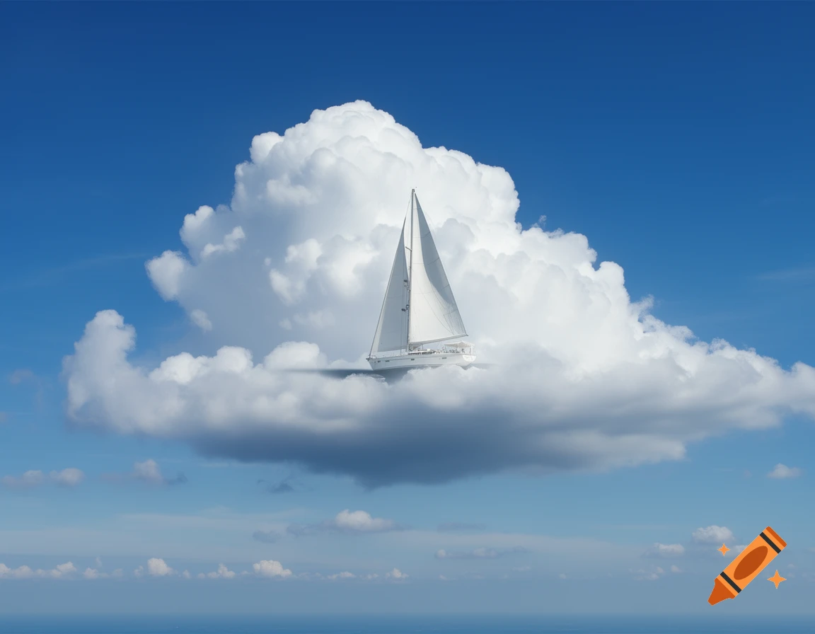 A white sailboat appears to be sailing on a large, fluffy cloud in a bright blue sky, with the calm ocean visible below.