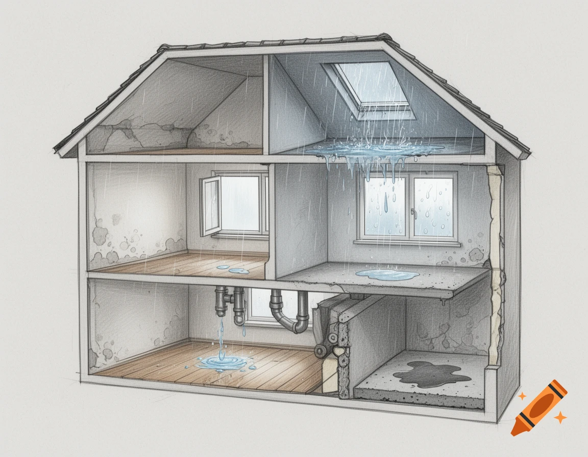Sketch diagram of a house interior cutaway showing various water damage issues: leaking roof, rain entering windows, pipe leaks, and rising damp.
