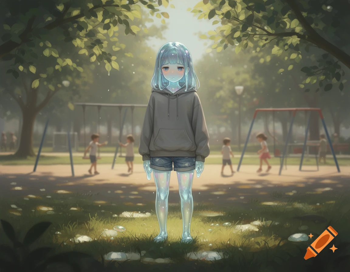 A sad translucent anime girl in a gray hoodie and denim shorts stands in a sunny park with blurry children playing in the background.