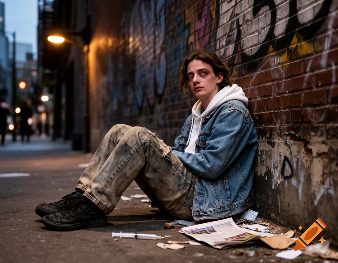 A disheveled person with red-rimmed eyes sits on the ground in a dimly lit alley, leaning against a graffiti-covered brick wall. A syringe lies on the ground nearby.